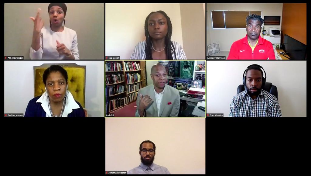 A screenshot from the Black BU: An Intergenerational Conversation About Alumni Experiences with Racism & Antiracism on Campus at BU's Day of Collective Enagement. Panelists included Anthony Harrison, Joel Gill, Pauline Jennett, Ina Joseph, and D.A. Whatley