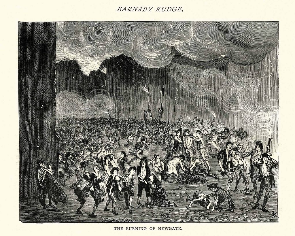 19th century illustration of the Burning of Newgate Prison from the Charles Dickens novel 'Barnaby Rudge'