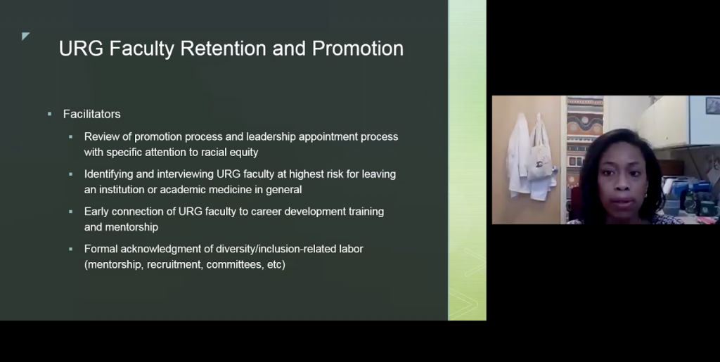 A panelist presents a slide on URG Faculty Retention and Promotion during Conversation with Diversity & Inclusion Practitioners, part of Boston University's Day of Collective Engagement