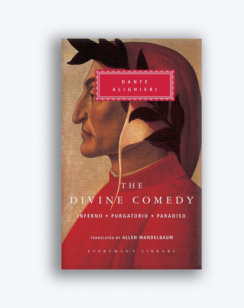 Book cover for Dante's "The Divine Comedy." Behind title is a fresco of Dante Alighieri in profile, wearing laurels and a red robe.