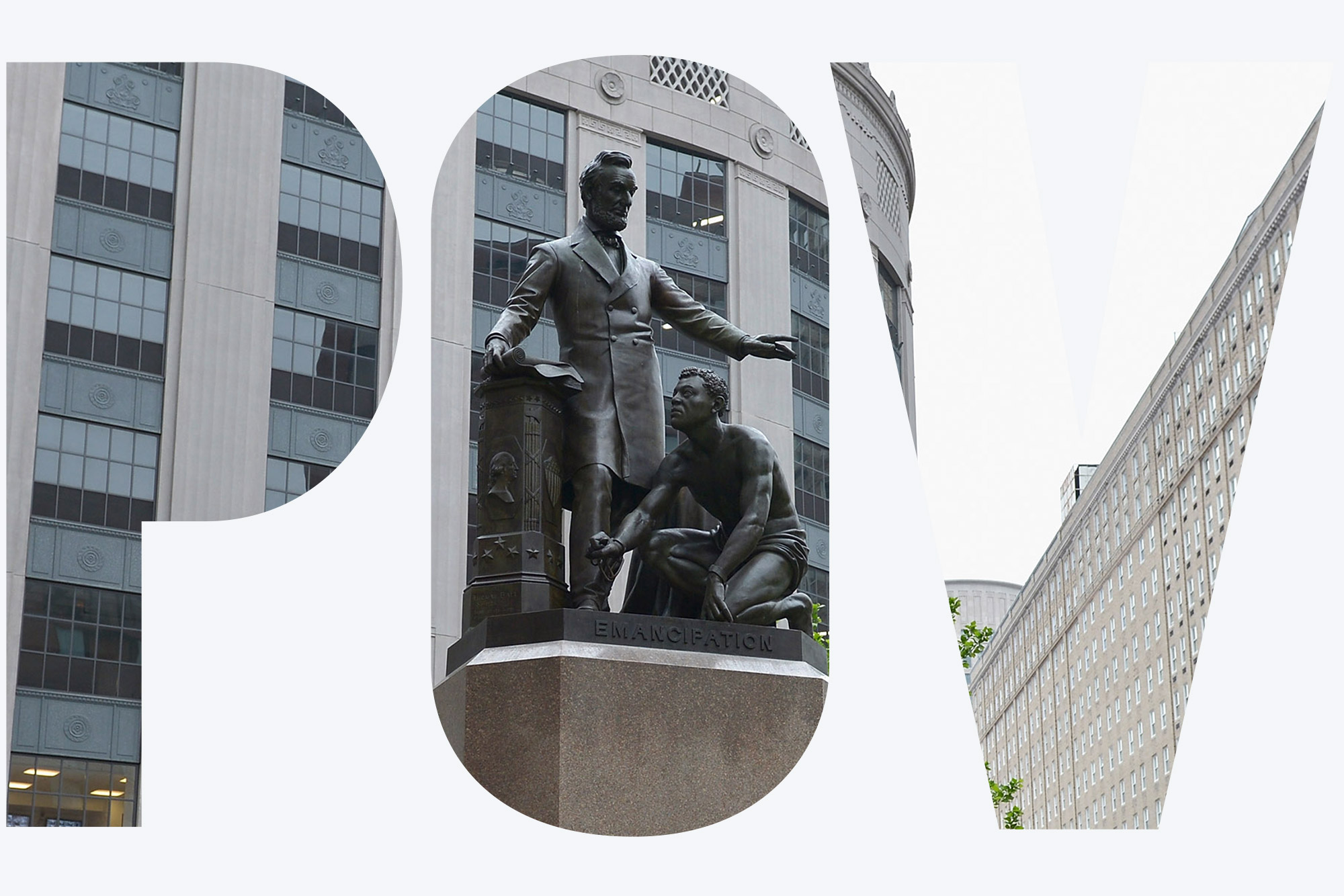 Photo of the Emancipation Statue in Park Square with Abraham Lincoln on May 21, 2013 in Boston, MA. The statue depicts Lincoln with his hadn extended as a man of color kneels at his feet. The buildings of Park Square and an overcast sky are seen in the background. The overlay reads "POV"