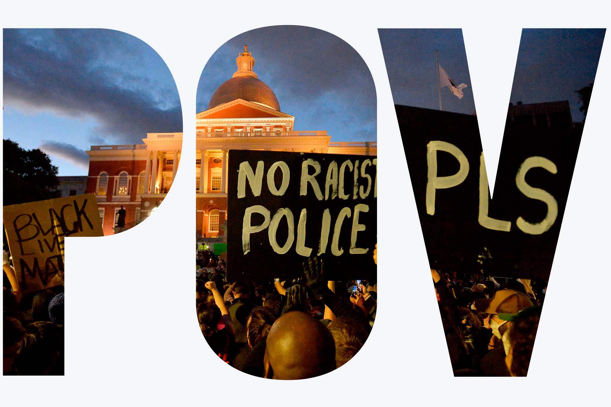 Protesters gather outside the Massachusetts State House during a demonstration over the death of George Floyd holding signs that say 'Black Lives Matter' and 'No Racist Police PLS' on May 31, 2020