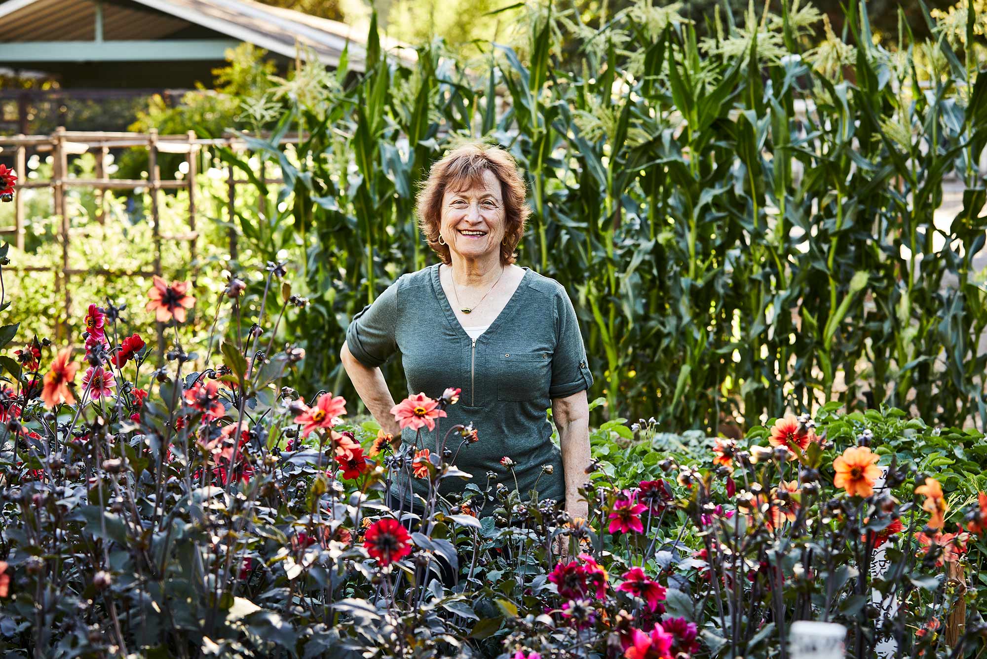 BU alum Renee Shepherd, founder of seed company Renee’s Garden, at her test gardens in Felton, California. She stands with a hand on her hip and smiles, with lots of flowers and plants around.