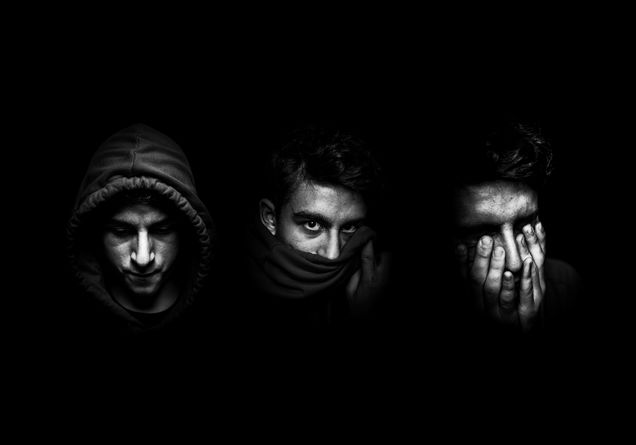 Photo of what looks like the same young man three times in black and white. He wears a hoodie, covers his face, and has his face in his hands.
