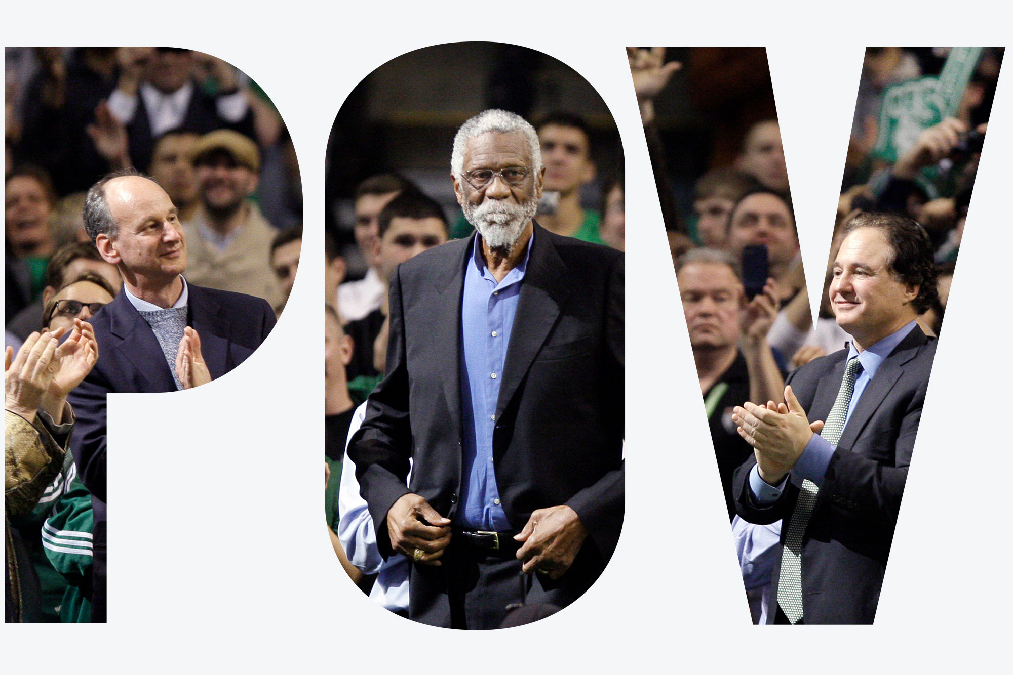 Photo of Former Boston Celtic Bill Russell, middle, receiving a standing ovation after being introduced prior to the Celtics' NBA basketball game against the Detroit Pistons in Boston, Wednesday, Feb. 15, 2012. Fans clap around Russell, who wears a suit jacket and blue button down.