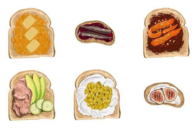 An illustrated series of six different toasts, some have butter and jam, others have cucumber and tuna, on a white background.