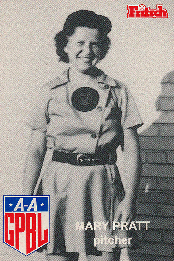 A photo of Mary Pratt's baseball card. Text on the card reads "Mary Pratt, Pitcher."