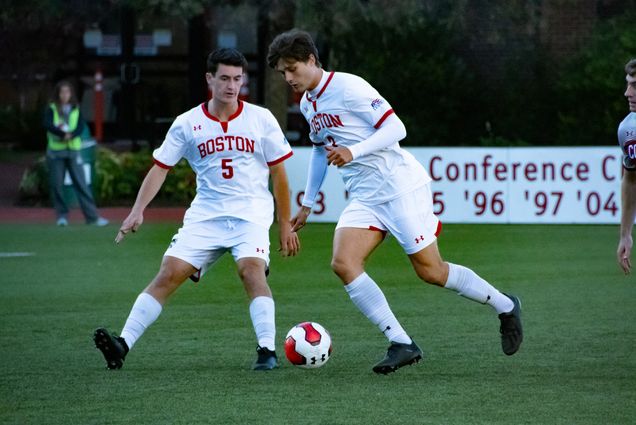 Elias Lampis (CAS '21) and Griffin Roach (CAS '23) of Boston University's men's soccer team go in for the goal against Colgate at Nickerson Field on October 5th. Final Score was 2 to 1, marking a terrier victory.