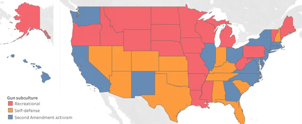 A map showing the gun subculture most dominant in each state.