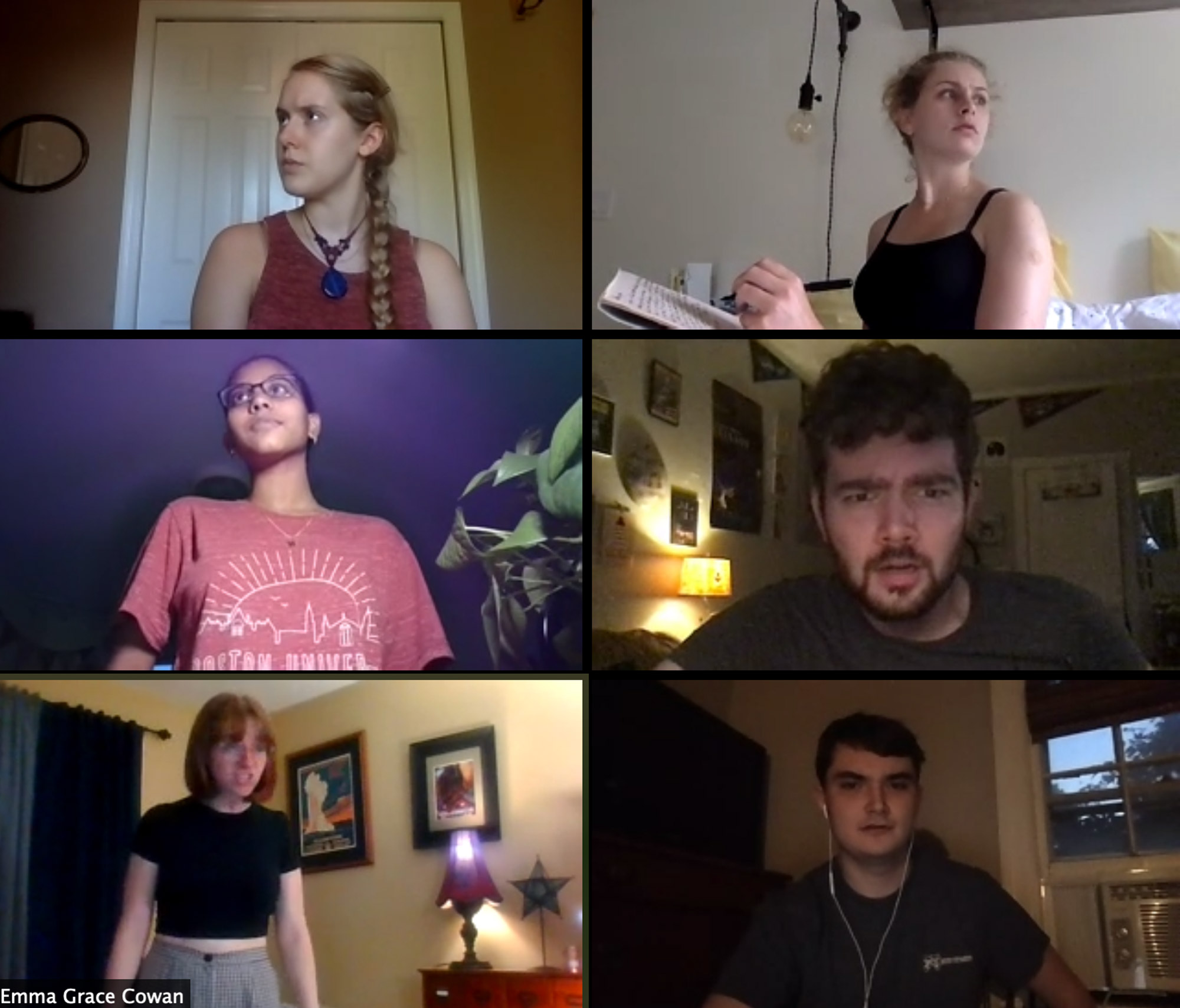 A photo of Pygmalion cast members rehearsing via Zoom on July 21