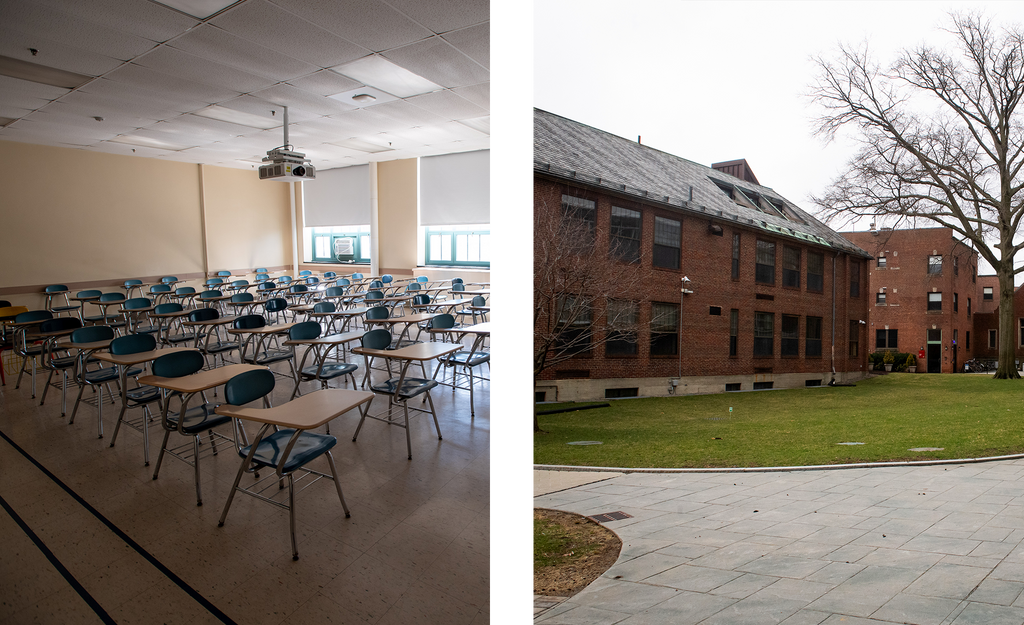 Two photos side by side: On the left is a photo of an empty classroom, and on the right is a photo of The Campus Center & Student Residence on BU’s Fenway Campus.