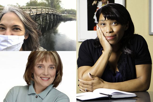 Composite image headshots for playwrights Melinda Lopez, Kate Snodgrass, and Kirsten Greenidge