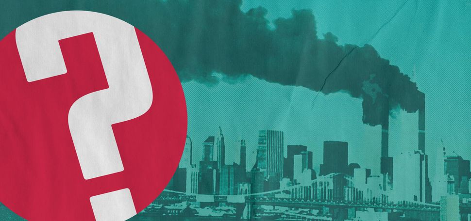 Photo of the September 11th attacks on the World Trade center with a teal overlay and printed effects. The Question of the Week logo, a red circle with white question mark, is overlaid.