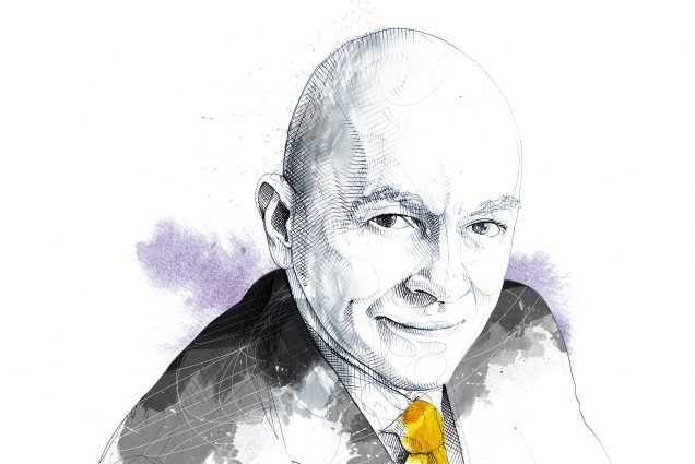 Illustration of financial industry pioneer Mark Mobius in black and white, with a yellow tie and a splotch of purple in the background.