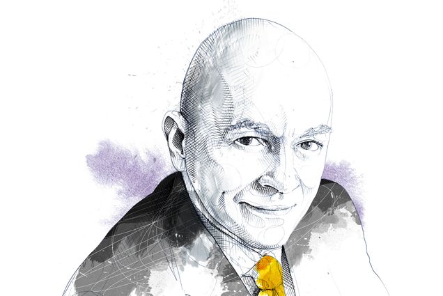 Illustration of financial industry pioneer Mark Mobius in black and white, with a yellow tie and a splotch of purple in the background.