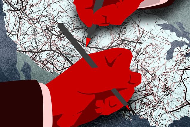 An illustrated, abstract rendering of gerrymandering. Two red hands holding red pens mark up a map of the US. Suit cuffs are around the hands, implying they are politicians.