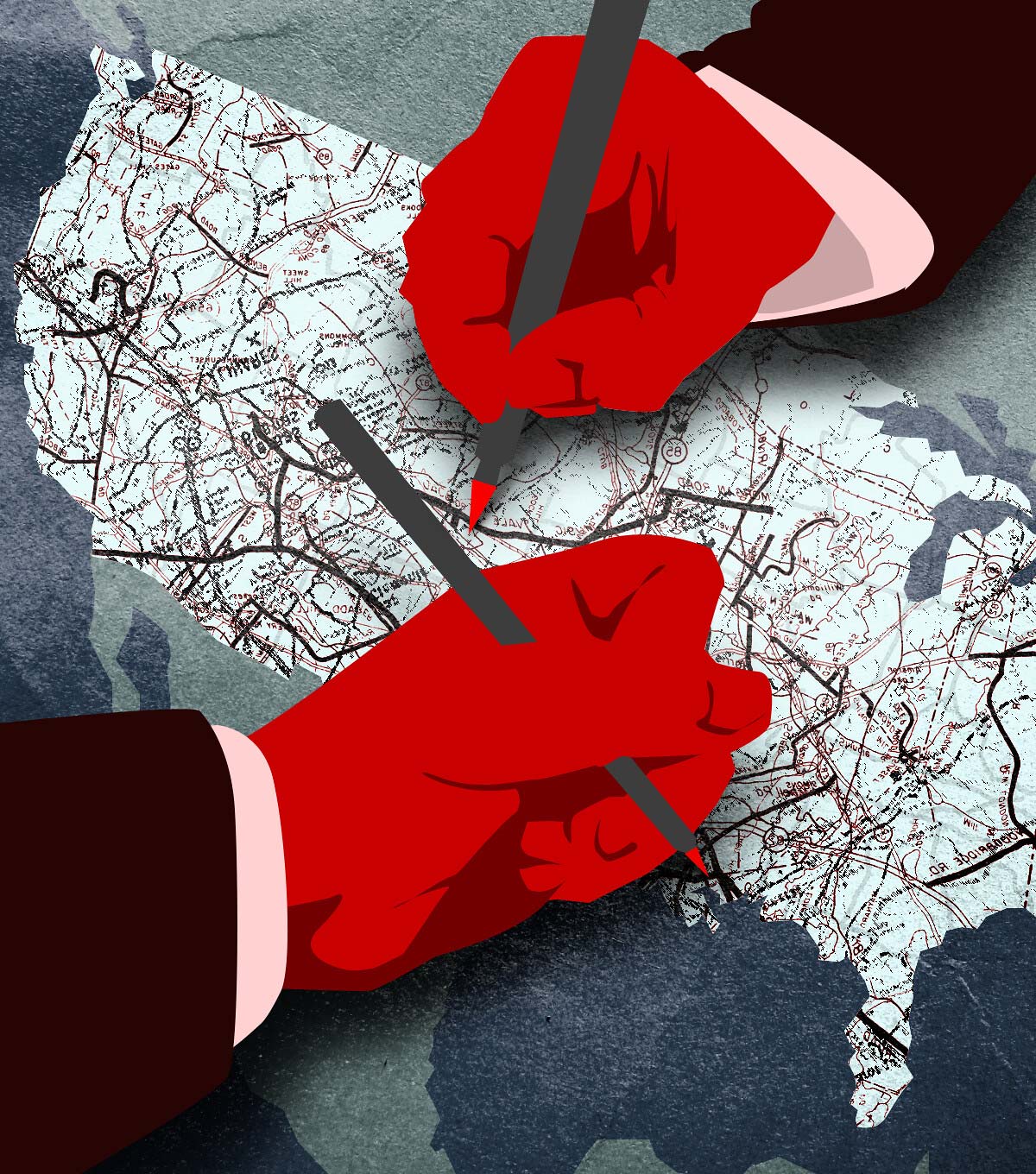 An illustrated, abstract rendering of gerrymandering. Two red hands holding red pens mark up a map of the US. Suit cuffs are around the hands, implying they are politicians.