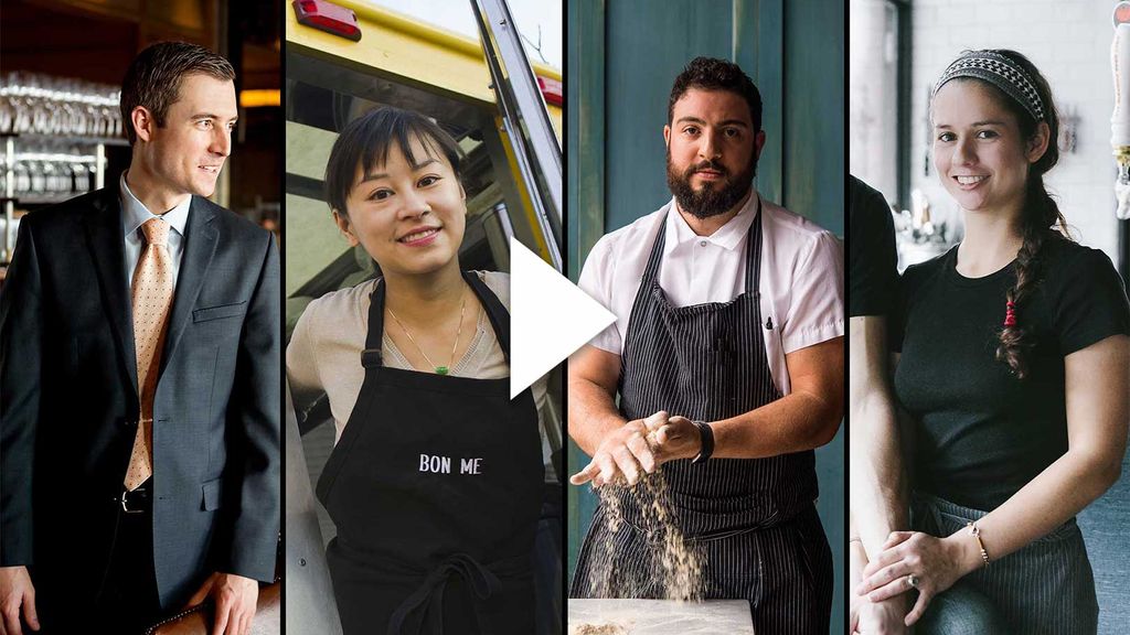 Composite image of Boston restauranteurs and alumni: Andrew Holden (SHA’04), Ali Fong (CAS’01), Michael Lombardi, and Fernanda Tapia (MET’09). Video play button is overlayed.