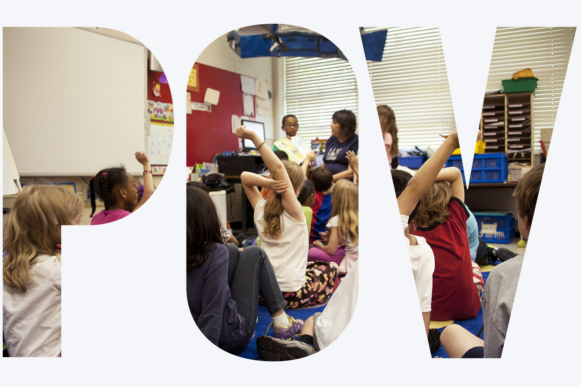Photo of a daycare classroom where some students raise their hands. An overlay reads "POV"