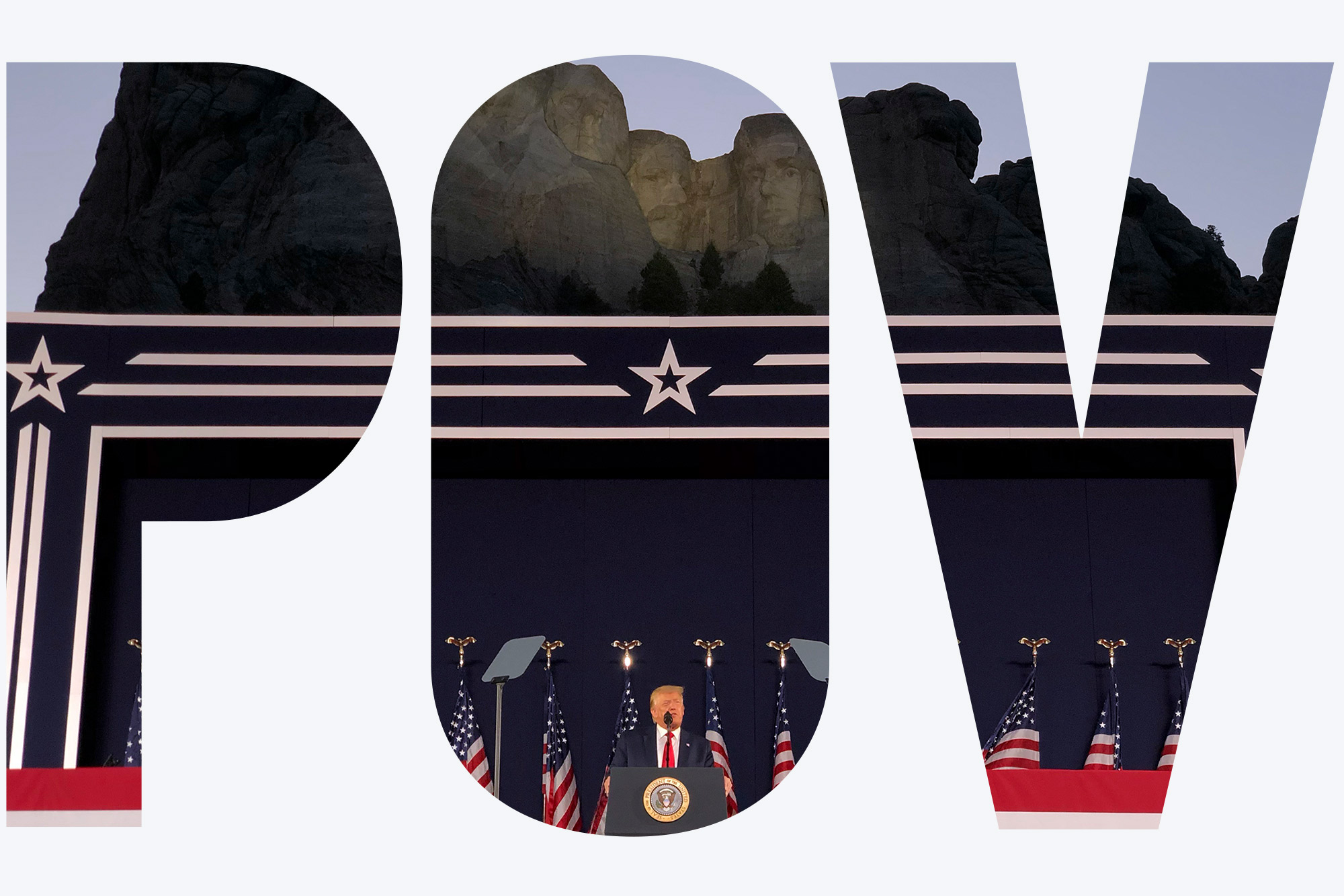 President Donald Trump speaks at Mount Rushmore National Monument Friday, July 3, 2020, in Keystone, S.D. Trump stands at the podium and the faces of Mt. Rushmore are seen behind him. Overlay reads "POV"