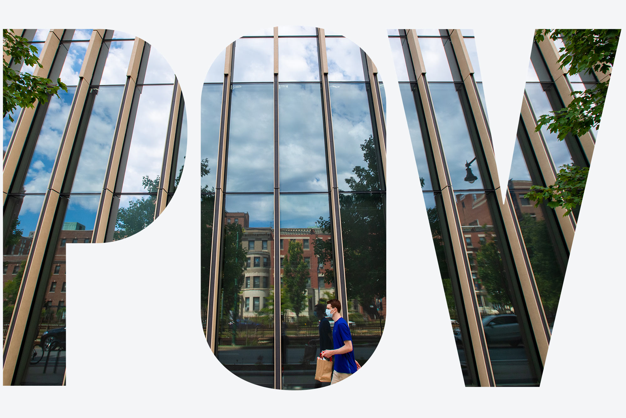 Photo of cloudy blue skies reflect in the windows at CILSE where COVID testing is also being made available to members of the BU community August 19. A student in a mask holds a bagged lunched and walks by. Overlay reads POV.