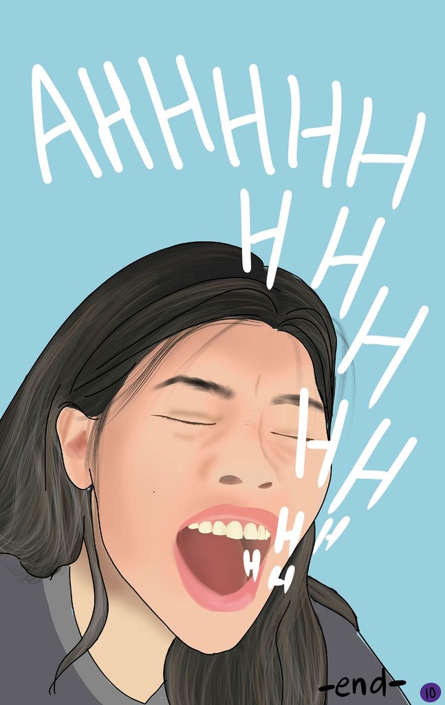 In the final panel of Miranda’s story, we see her face in full view in a realistic illustration. She is screaming with her eyes closed and the sound AHHHHH flows from her mouth.