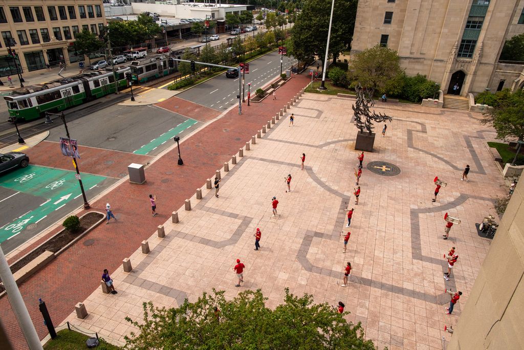 Part of the 150 member BU Pep Band has a practice performance which social distancing on marsh Plaza August 25. The bells of all the instruments were fitted with shields to prevent droplet spread