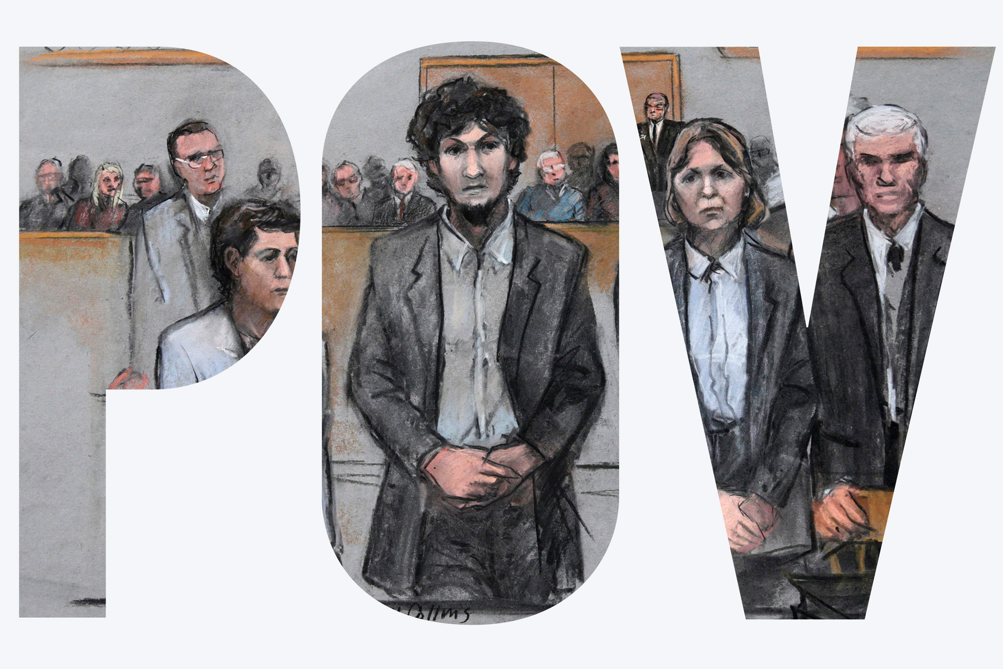 In this courtroom sketch, Boston Marathon bomber Dzhokhar Tsarnaev, center, stands with his defense attorneys as a death by lethal injection sentence is read at the Moakley Federal court house in the penalty phase of his trial in Boston, Friday, May 15, 2015. Tsarnaev, center holds his hands in front of him and looks sternly, the court room occupants are seen behind him. Overlay reads 'POV'