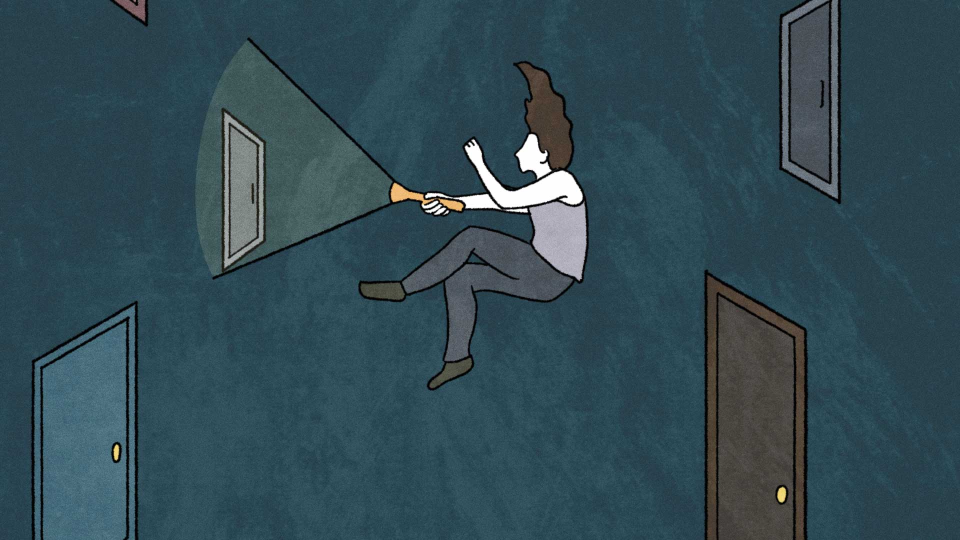 illustration of a young woman suspended in a void shining a flashlight on random floating doors