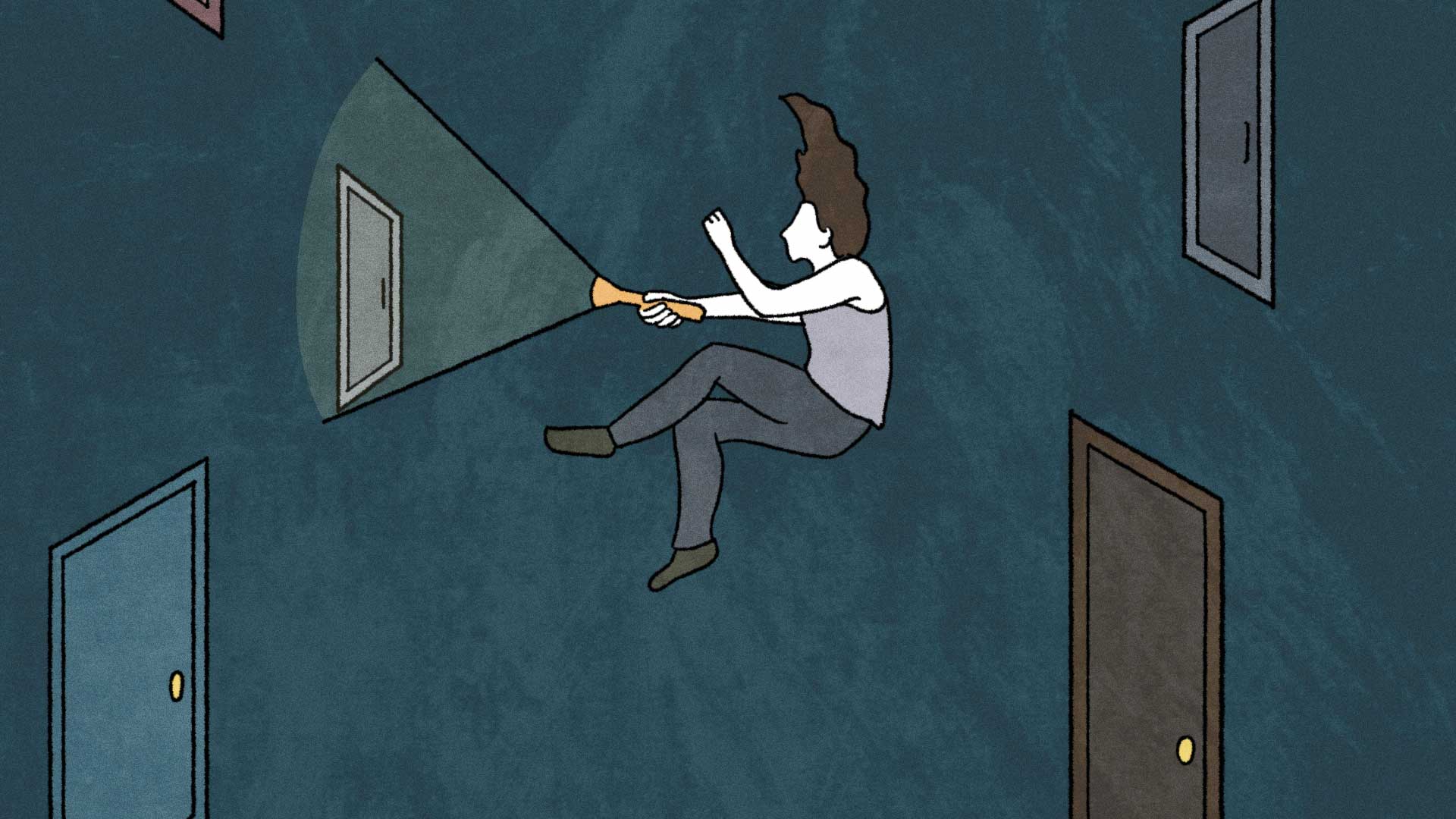 illustration of a young woman suspended in a void shining a flashlight on random floating doors