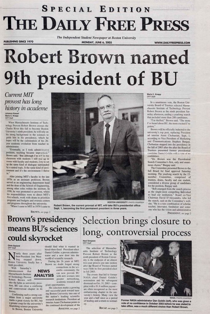 Front page of the Daily Free Press reads "Robert Brown named 9th president of BU" with a photo of Brown sitting on his desk.