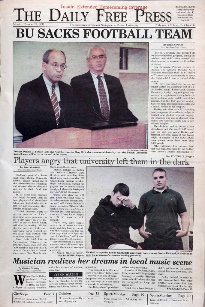 Front page of the Daily Free Press reads "BU Sacks Football Team" with a photo of two officials making the announcement.