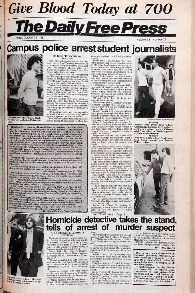 Photo of the Daily Free Press. Main headline reads "Campus police arrest student journalists" and show photos of students in handcuffs.