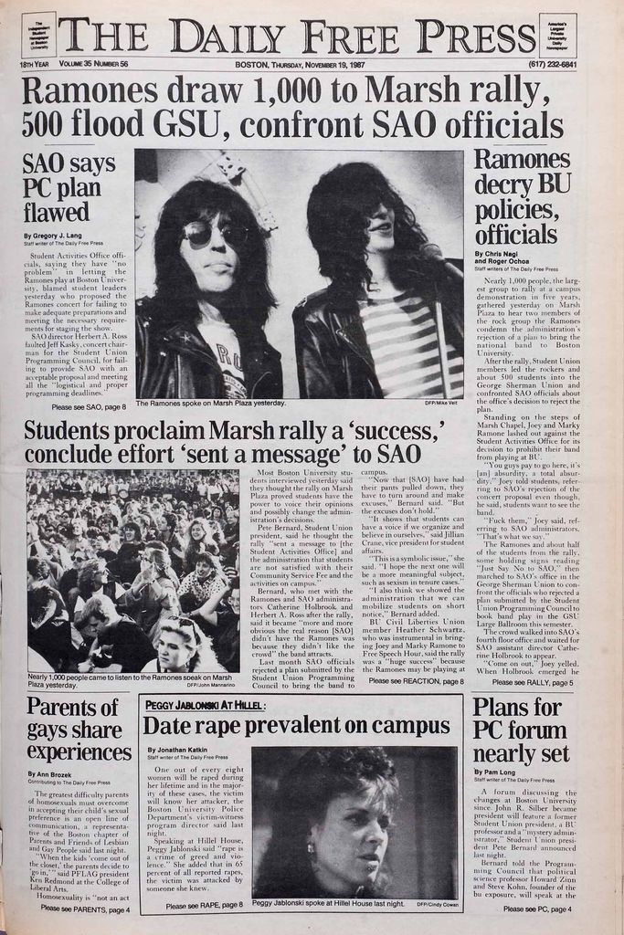Photo of the Daily Free Press. Main headline reads "Ramones Draw 1,000 to Marsh rally, 500 flood GSU, confront SAO officials" alongside a photo of the Ramones.