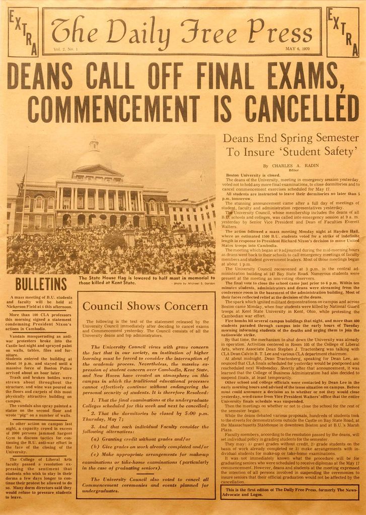 Photo of the first daily free press. Main photo is of a protest at the state house, with headline “Deans call off final examinations, commencement is cancelled”