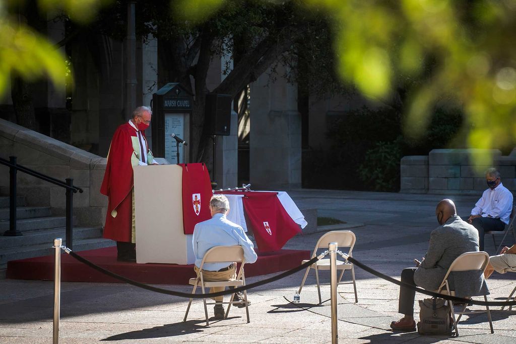 Robert Hill leads a service at Marsh Chapel prior to the 2020 Boston University Matriculation ceremony