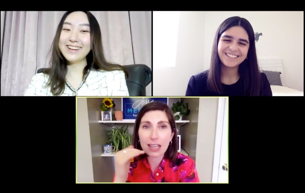 Screenshot of a zoom call in which Ferren Winarto (CGS’23) (top left) and Victoria Fernandez (CGS’23) (top right) interview congressional candidate Jesse Mermell as part of The Politica’s podcast series.