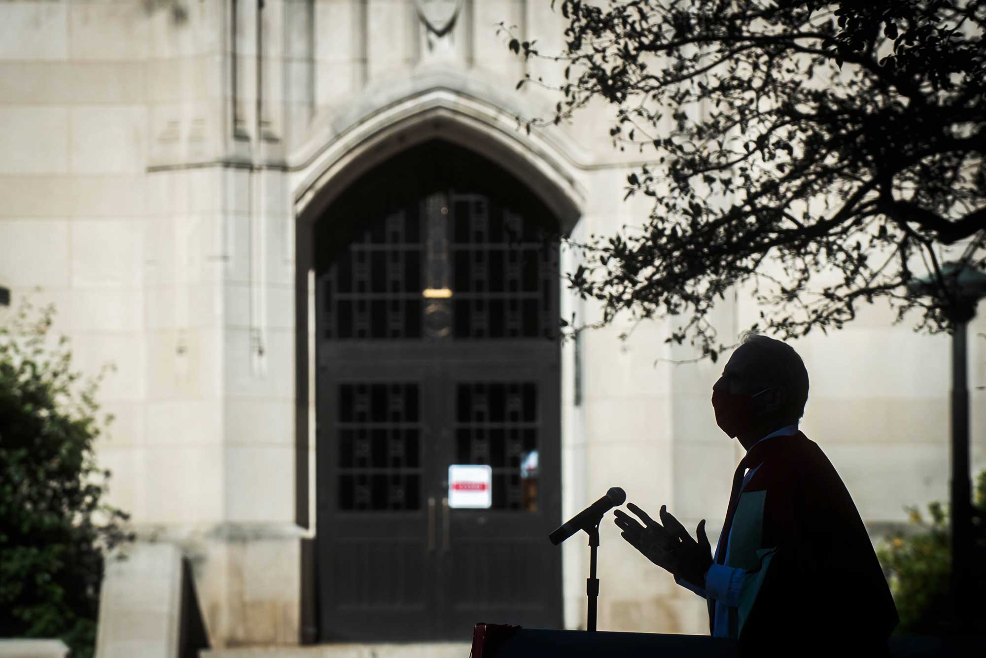 Reverence Robert Hill gives a sermon during at Marsh Chapel during an outdoor service on the day of Boston University Matriculation 2020