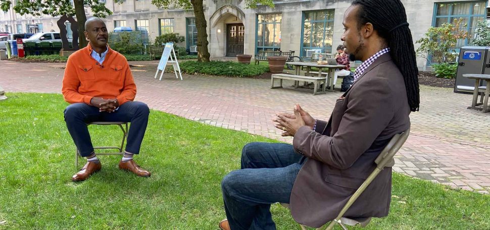Otis Rolley III, Senior Vice President, U.S. Equity and Economic Opportunity Initiative at The Rockefeller Foundation, and Ibram X. Kendi, Director and Founder of the Boston University Center for Antiracist Research, in a discussion outdoors at Boston University. Photo courtesy of The Rockefeller Foundation