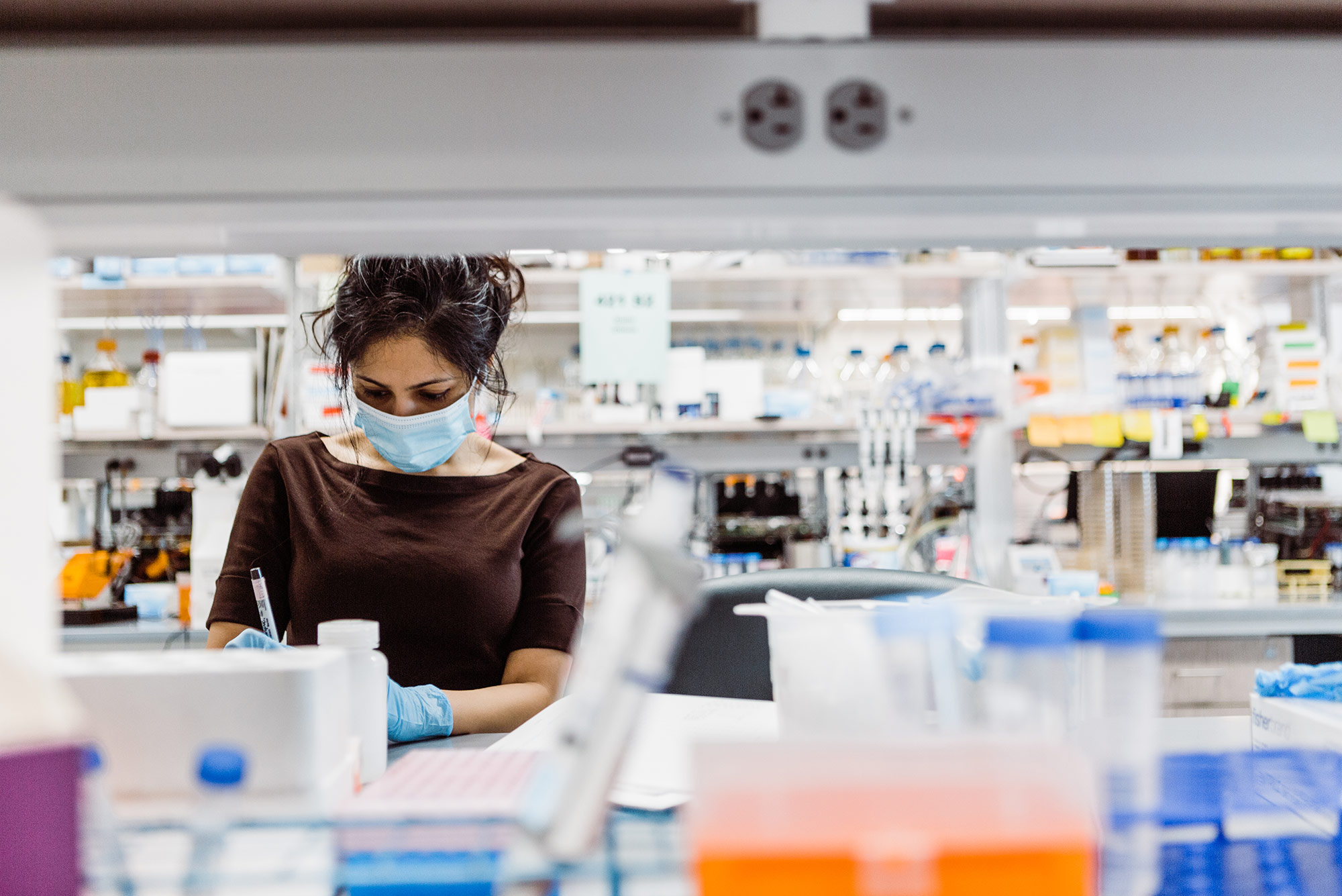 Photo of a researcher with a blue mask and gloves working on the 4th Floor lab of Kilachand Center during Covid-19 pandemic. The photo is framed by the shelves on top of the desks, the foreground is blurred.