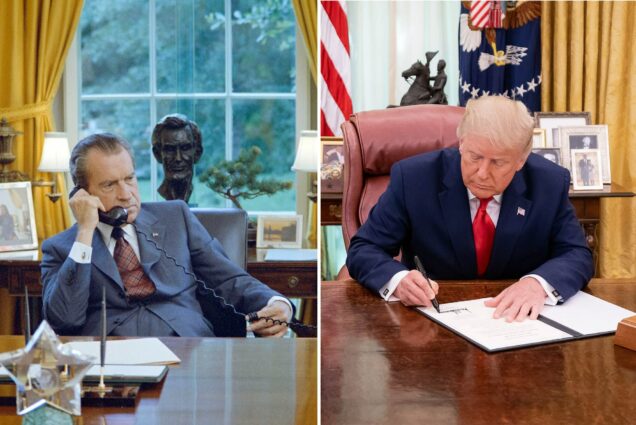 Photos of Richard Nixon and Donald Trump sitting at the desk in the Oval Office