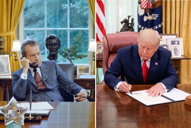 Photos of Richard Nixon and Donald Trump sitting at the desk in the Oval Office