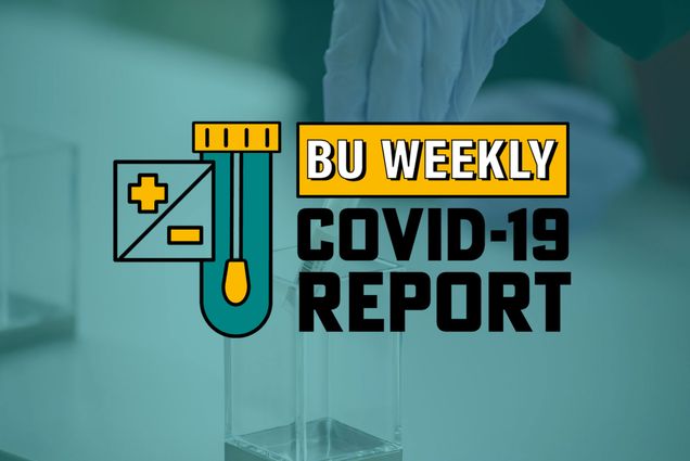 Boston University Weekly COVID-19 Report logo over background photo of a gloved handling a COVID-19 testing swab