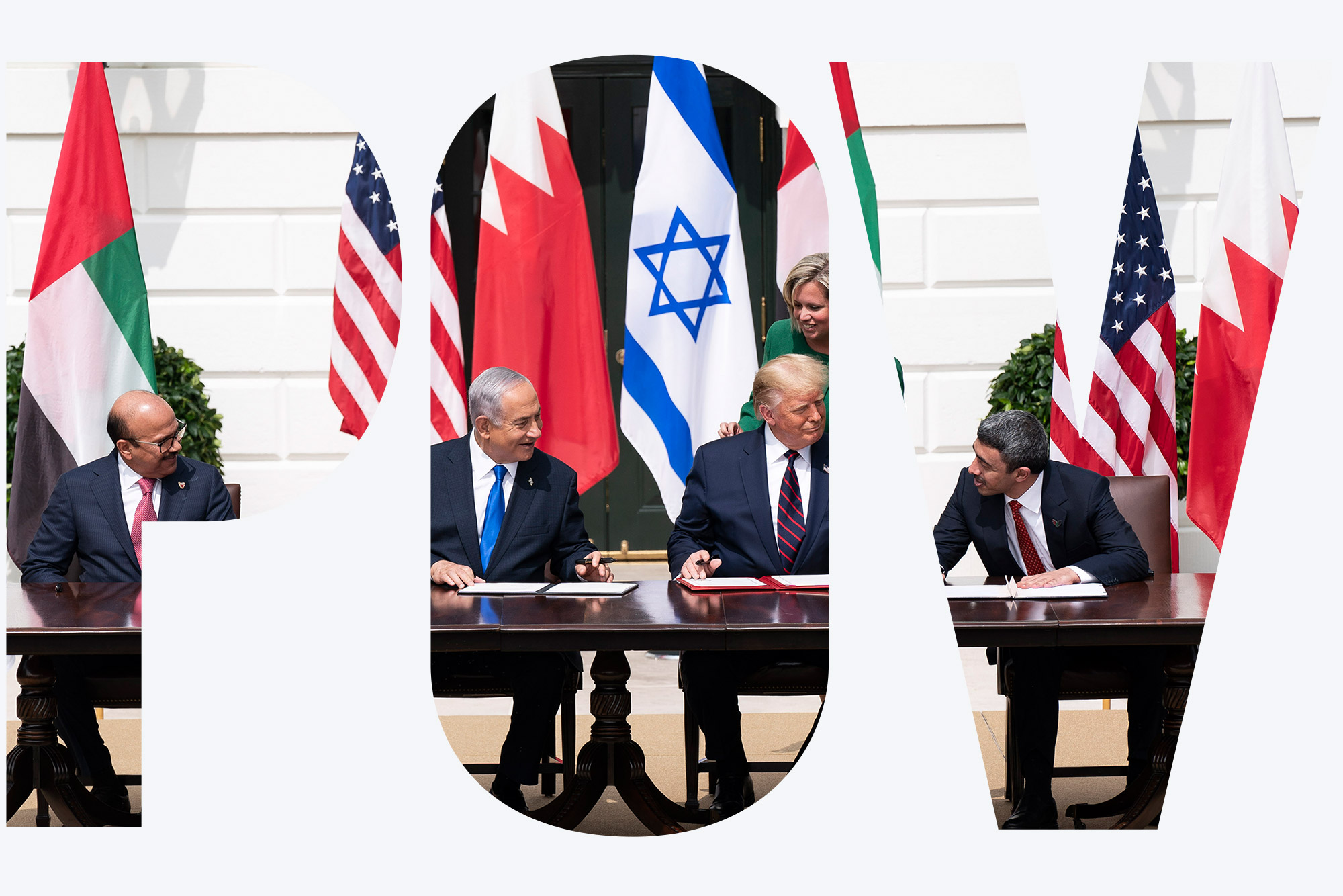 Photo of President Donald J. Trump (second from the right), Minister of Foreign Affairs of Bahrain Dr. Abdullatif bin Rashid Al-Zayani, Israeli Prime Minister Benjamin Netanyahu and Minister of Foreign Affairs for the United Arab Emirates Abdullah bin Zayed Al Nahyan participate in the signing of the Abraham Accords Tuesday, Sept. 15, 2020, on the South Lawn of the White House. Flags from each of the countries are seen behind the men who speak as they sign the accords. Overlay reads POV.