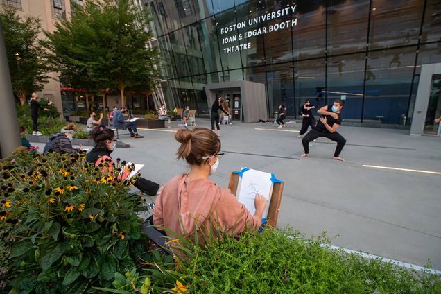 Photo taken alongside the Booth Theater, as Yo-EL Cassell's movement students from CFA make for the perfect models for Dana Clancy’s SVA students September 16. Students in masks are seen drawing the foreground.