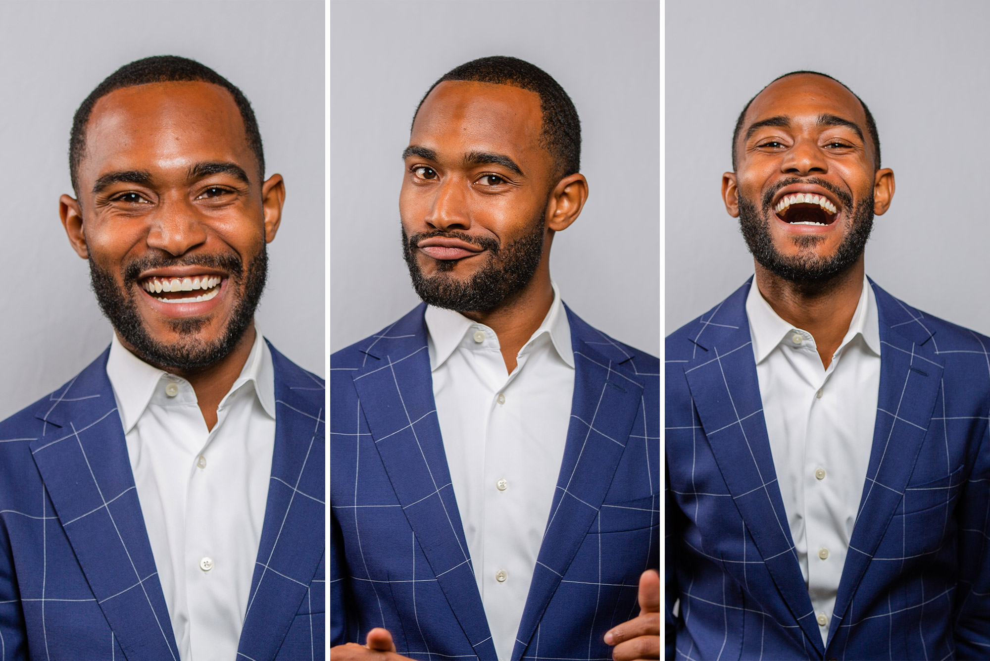 A triptych of photos of Johnathan Allen smiling and laughing