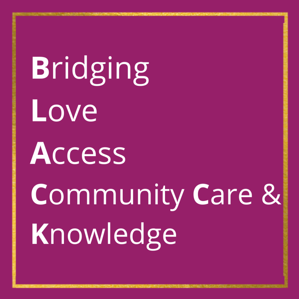 Logo for Blacck Podcast on a purple background with a gold border. The acronym is spelled out "Bridging Love Access Community Care & Knowledge"