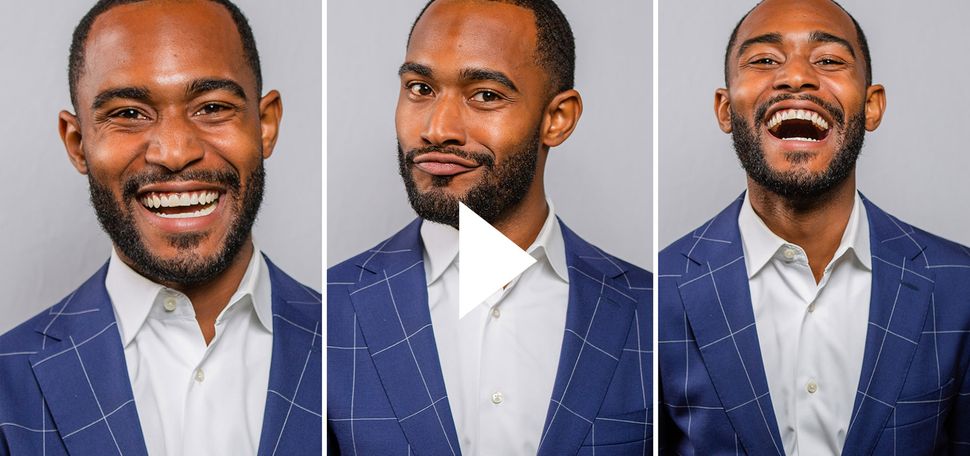 A triptych of photos of Johnathan Allen smiling and laughing. A white video play button is overlayed.