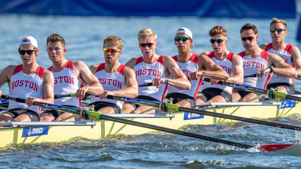 A photo of Jared Naar rowing with the BU crew team