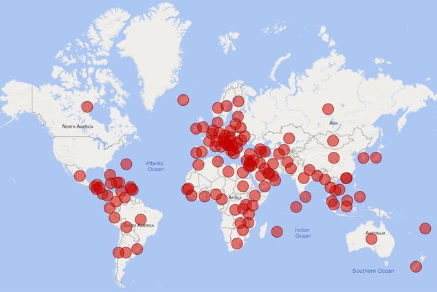 Screenshot of map showing distribution of international students' country of origin in fall 2019 semester.